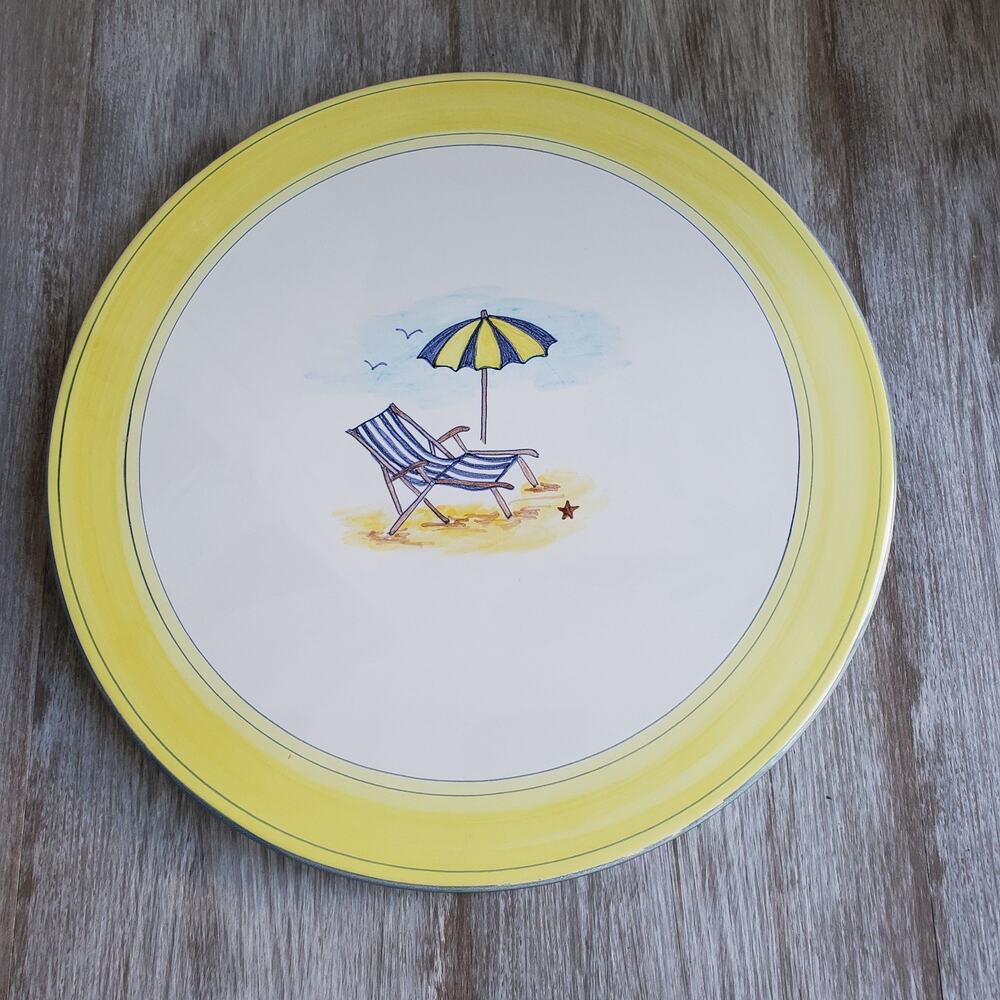 Rare Atelier Du Sage 12" Footed Round Platter Beach Coastal Design Hand Painted